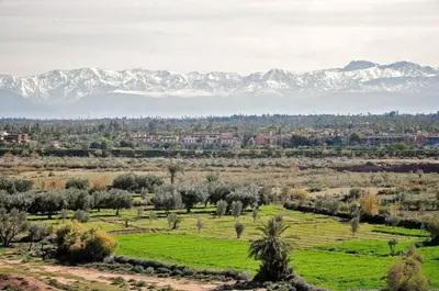 a view of a field with mountains in the background at Maristan Aicha Marrakech in Marrakech