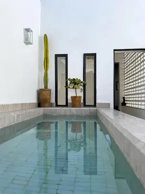 a swimming pool with mirrors and a cactus at Riad Akwaba Charm and Comfort in Marrakech