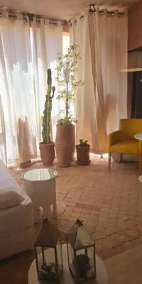 a living room with a couch and potted plants at La Terrasse in Marrakech