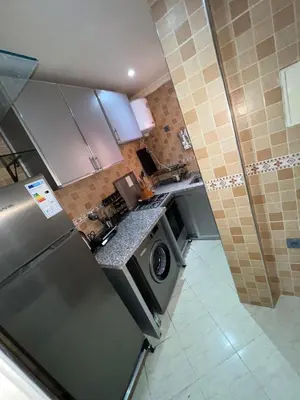 a small kitchen with a refrigerator and a dishwasher at Appartement de luxe 15 mn du centre in Marrakech