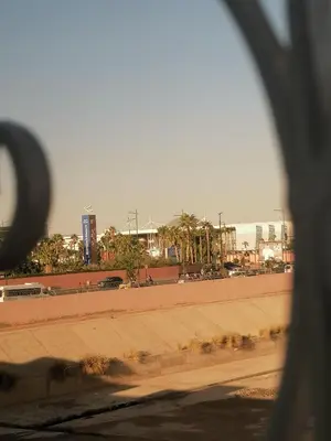 a view of a city from a bus window at Menara Airport Appartement - 10 Min Walk in Marrakech