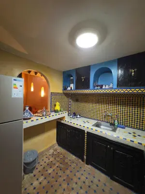 a kitchen with a sink and a refrigerator at Authentic Moroccan Riad with a pool and a rooftop in Marrakech