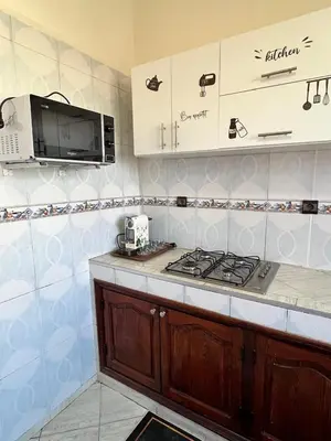 a kitchen with a stove and a microwave at Beautiful, very quiet apartment in Marrakech