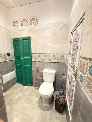 a bathroom with a toilet and a green door at Riad Marocain avec jacuzzi sur la terrasse entièrement louer avec 3 chambres pour 6 personnes dans la médina proche de la place Jemma el fna in Marrakech