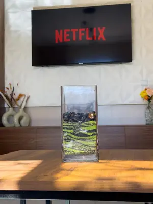 a glass vase filled with rocks on top of a table at Appartement lumineux avec Jardin à la palmeraie in Marrakech