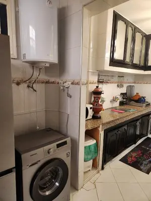 a small kitchen with a washing machine in it at 2 bedroom apartment, living room, kitchen in Marrakech in Marrakech