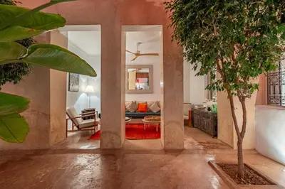 a living room with a couch and a tree at Riad Litote in the heart of the Kasbah in Marrakech