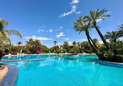 a swimming pool with palm trees in a resort at L'Oasis Chic Palmeraie Marrakech Piscine & Petit Déj Offert in Marrakech