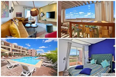 a collage of photos of a hotel room with a pool at Top Floor Apartment with terrace and pool in Marrakech