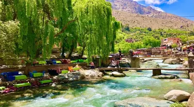 a river with a bridge and chairs in the water at Palmier d'or - Marrakech Centre in Marrakech