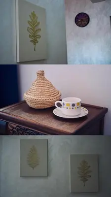 a collage of two pictures with a cup on a table at Khamo Apartment, 15 min Walking to Airport, 15 min by Taxi to Medina in Marrakech