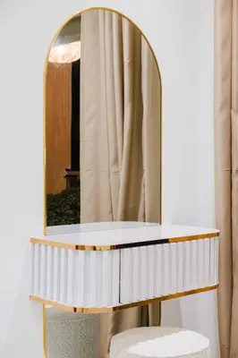 a dressing table with a mirror and two chairs at NEW - Central 1BR-Kingsize, AC & Terrace Parking in Marrakech