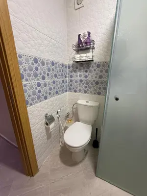 a bathroom with a toilet and blue and white tiles at Moroccan elegance Quiet & Comfort 5min airport in Marrakech