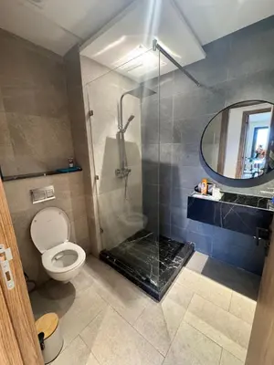 a bathroom with a shower and a toilet and a mirror at Le pavillon gueliz appartement de luxe in Marrakech