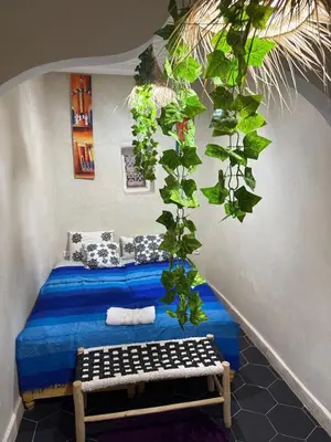 a bedroom with a blue bed with a plant at Amber in Marrakech
