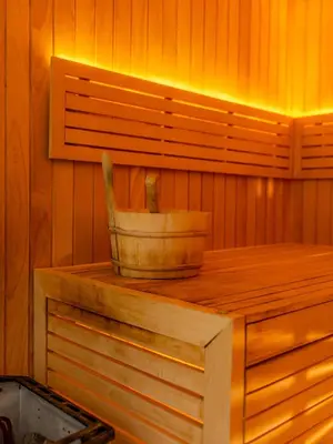 a sauna with a bucket on top of a table at Villa Illao 2 Pool, Jacuzzi & Cinéma in Marrakech