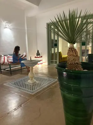 a woman sitting on a couch in a living room with a plant at Riad 29 Mouassine in Marrakech