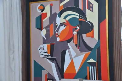 a painting of a woman holding a cup of coffee at Suite Ultra Deluxe, Babylone, Ultra Confort, Hyper-Centre, Marrakesh in Marrakech
