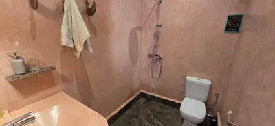 a bathroom with a shower and a toilet and a sink at Villa Deneb - secret garden, swimming pool and starry sky in Marrakech