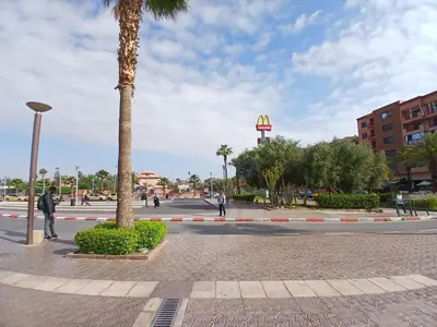 a palm tree on a city street with a mcdonalds at AU GC Gueliz Cosy in Marrakech