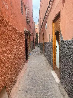 an empty alley way between two red buildings at Dar darkoum in Marrakech
