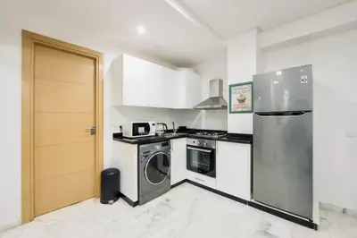 a kitchen with a refrigerator and a washer and dryer at Terrace & Fast Wi-Fi - Stylish city center flat - Gueliz in Marrakech