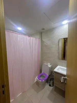 a bathroom with a purple toilet and a sink at Karam eddin in Marrakech