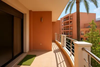 a balcony with a palm tree and a building at Gueliz carree Eden apartment in Marrakech