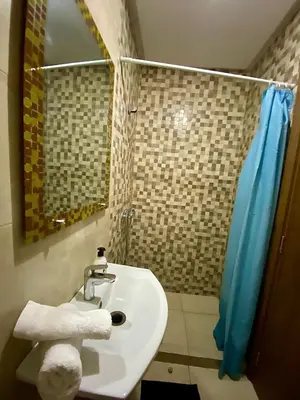 a bathroom with a sink and a mirror and a shower at Appartement 1 chambre à Gueliz Confort et piscine in Marrakech