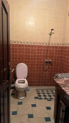 a bathroom with a pink toilet in a room at Appartement in Marrakech