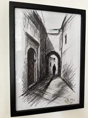 a drawing of a person walking down a street at Appartement Original et unique en plein hivernage pour familles in Marrakech