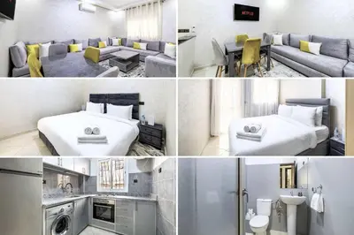 a room with a couch and a bed and a table at Comfort and Simplicity in Marrakech in Marrakech