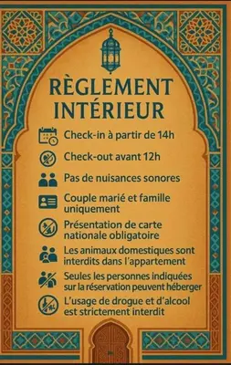 a sign for a restaurant with a list of requirements at Bel appartement 1er étage aux portes de gueliz in Marrakech