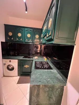 a kitchen with green cabinets and a washing machine at إقامة المنتزه الجديد حدا مرجان طريق كازا في مراكش in Marrakech