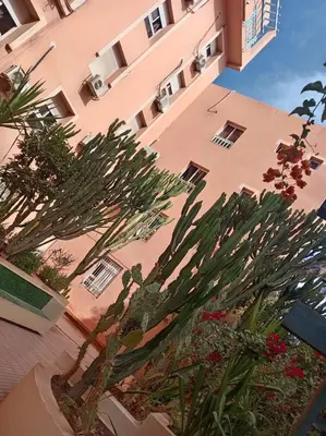 a tall pink building with plants in front of it at Mohsine in Marrakech