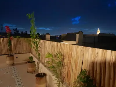 a balcony with potted plants and a wooden fence at Riad Todra in Marrakech