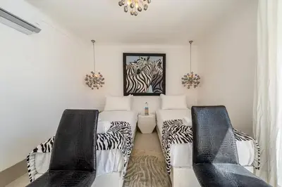 a living room with two chairs and zebra prints on the wall at Riad Byerd in Marrakech