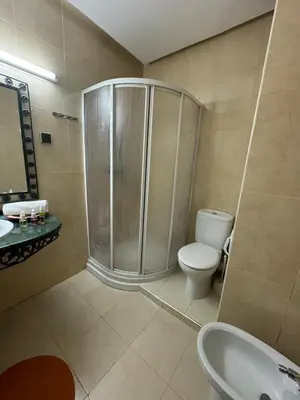 a bathroom with a shower and a toilet and a sink at Hivernage Bright & Spacious 2-Bedroom Apartment in Marrakech