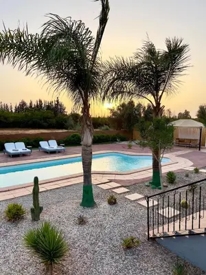 a pool with two palm trees in a yard at Villa Sara in Marrakech