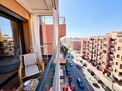 a balcony with a view of a city street at Modern Gueliz Suite - Balcony Views in Marrakech