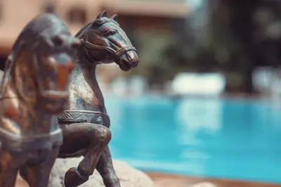 a small wooden horse figurine next to a pool at La Vie En Rose - Horses & Dogs House in Marrakech