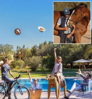 a collage of pictures of a man and a woman playing frisbee at La Vie En Rose - Horses & Dogs House in Marrakech