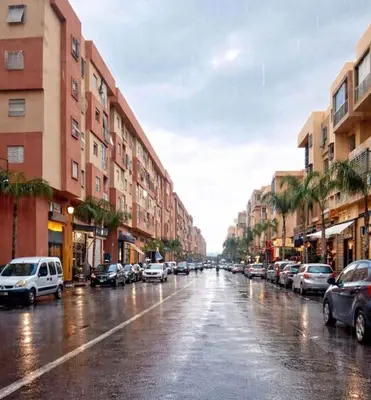 a city street with cars parked in the rain at حدائق حي شريفية بوعكاز مراكش in Marrakech