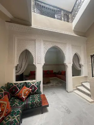 a living room with a couch and a fireplace at Riad Nora - Confort, Calme & Sécurité in Marrakech