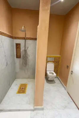 a bathroom with a shower and a toilet in it at La Villa Ocre in Marrakech