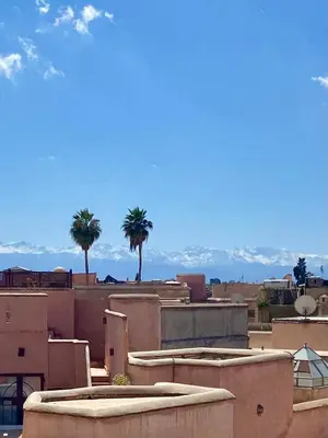 a view of a city with palm trees and buildings at Dar Aji, votre maison d'architecte privatisée en médina in Marrakech
