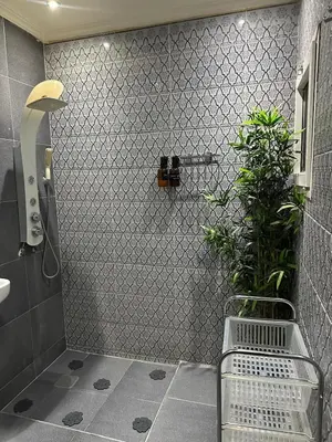a bathroom with a shower with a sink and a plant at Ryad Lalla khadija in Marrakech