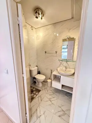 a bathroom with a toilet and a sink and a mirror at Layla Apartment in Marrakech