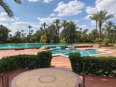 a swimming pool with palm trees in the background at Traditional, Cozy and Quiet Apartment, Pool, Palmeraie in Marrakech