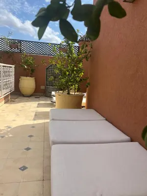 two white benches sitting on a patio with potted plants at Riad Marhaba Kasbah in Marrakech